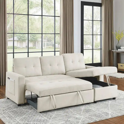 78.5-inch Beige Reversible Sleeper Sectional Sofa with Storage Chaise and Side Storage Bag - 78.5W x 49D x 31H