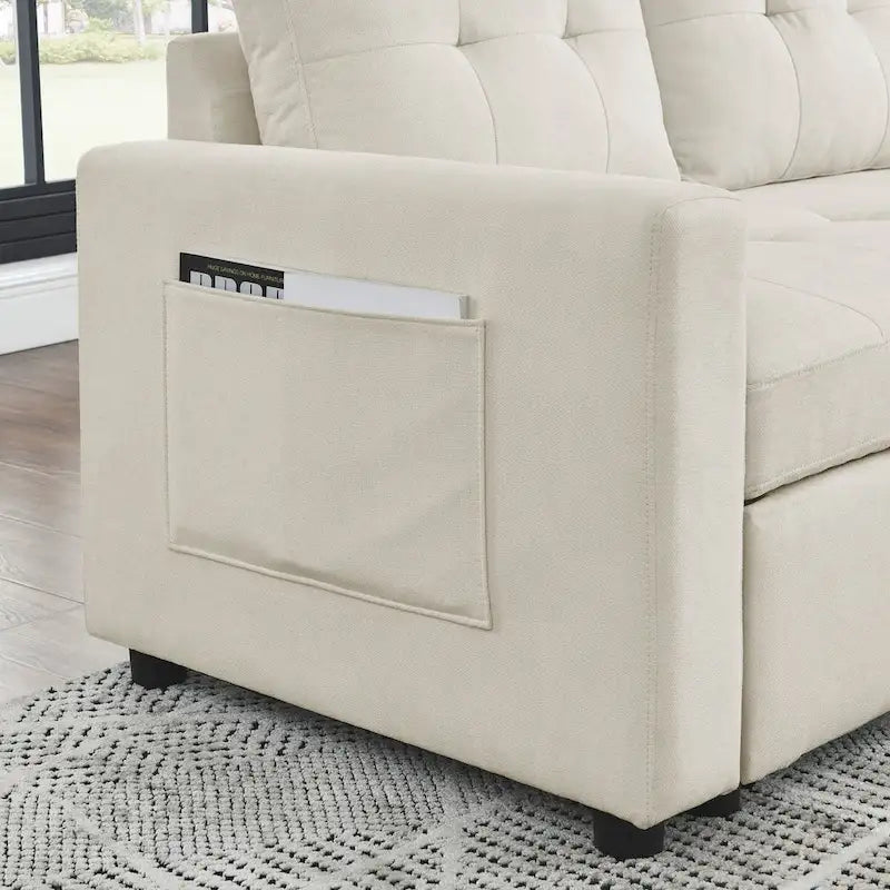 78.5-inch Beige Reversible Sleeper Sectional Sofa with Storage Chaise and Side Storage Bag - 78.5W x 49D x 31H
