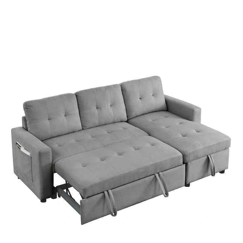 78.5-inch Beige Reversible Sleeper Sectional Sofa with Storage Chaise and Side Storage Bag - 78.5W x 49D x 31H