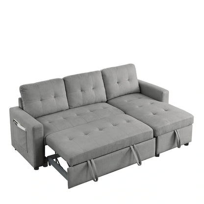 78.5-inch Beige Reversible Sleeper Sectional Sofa with Storage Chaise and Side Storage Bag - 78.5W x 49D x 31H