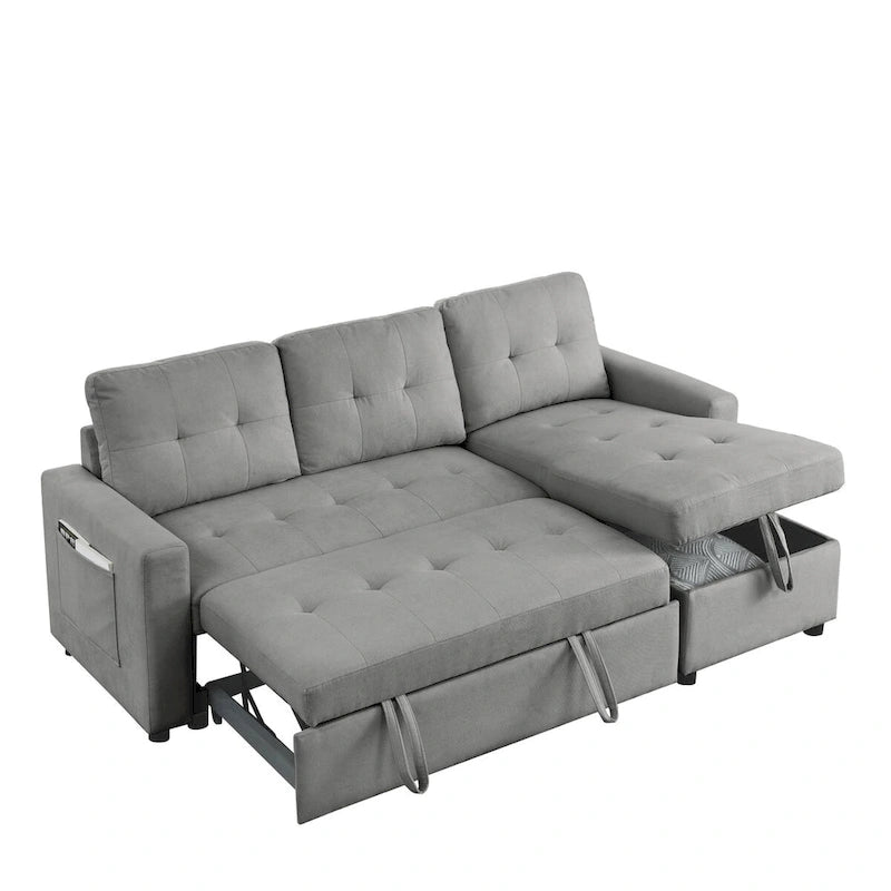 78.5-inch Beige Reversible Sleeper Sectional Sofa with Storage Chaise and Side Storage Bag - 78.5W x 49D x 31H