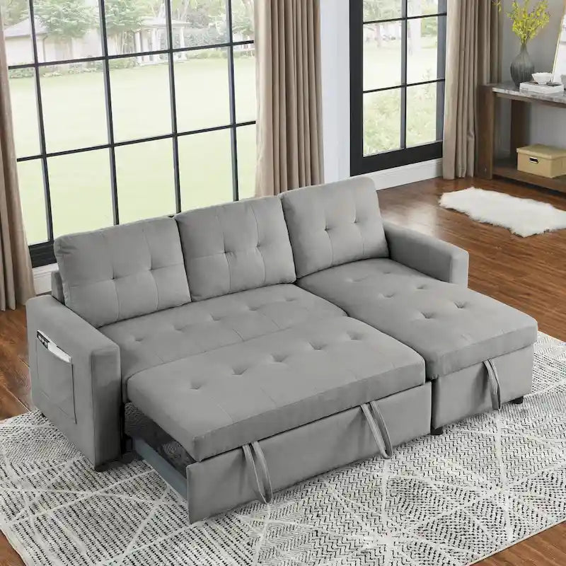 78.5-inch Beige Reversible Sleeper Sectional Sofa with Storage Chaise and Side Storage Bag - 78.5W x 49D x 31H