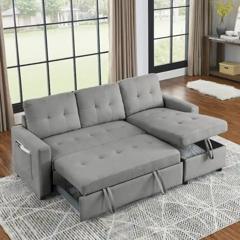 78.5-inch Beige Reversible Sleeper Sectional Sofa with Storage Chaise and Side Storage Bag - 78.5W x 49D x 31H