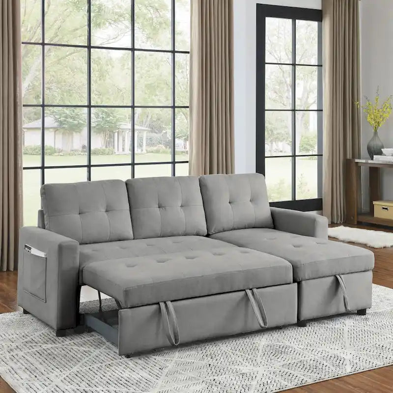 78.5-inch Beige Reversible Sleeper Sectional Sofa with Storage Chaise and Side Storage Bag - 78.5W x 49D x 31H
