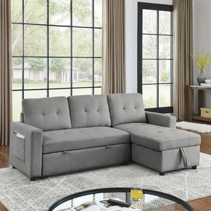 78.5-inch Beige Reversible Sleeper Sectional Sofa with Storage Chaise and Side Storage Bag - 78.5W x 49D x 31H