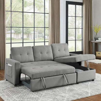 78.5-inch Beige Reversible Sleeper Sectional Sofa with Storage Chaise and Side Storage Bag - 78.5W x 49D x 31H