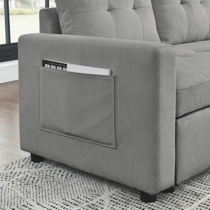 78.5-inch Beige Reversible Sleeper Sectional Sofa with Storage Chaise and Side Storage Bag - 78.5W x 49D x 31H