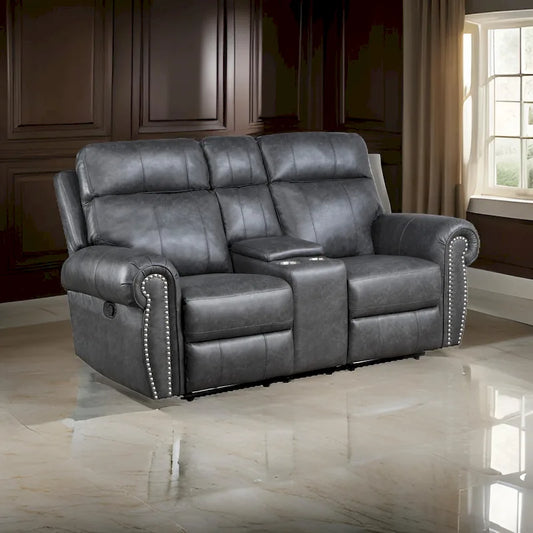 Ville 75 Inch Manual Recliner Loveseat, Storage Console, Gray Faux Leather