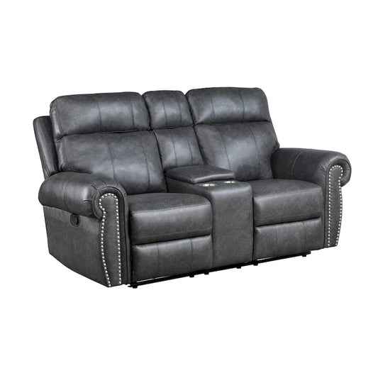 Ville 75 Inch Manual Recliner Loveseat, Storage Console, Gray Faux Leather