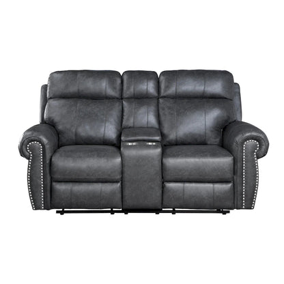Ville 75 Inch Manual Recliner Loveseat, Storage Console, Gray Faux Leather