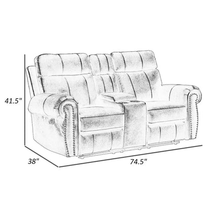 Ville 75 Inch Manual Recliner Loveseat, Storage Console, Gray Faux Leather