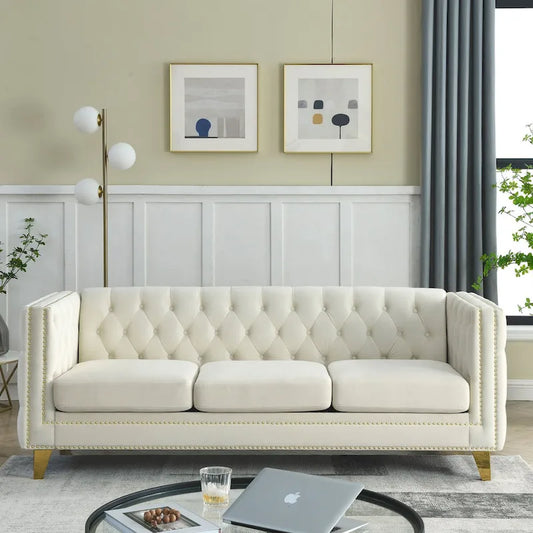 Modern Velvet Sofa Couch Upholstered Button and Metal Legs