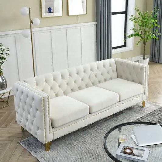 Modern Velvet Sofa Couch Upholstered Button and Metal Legs