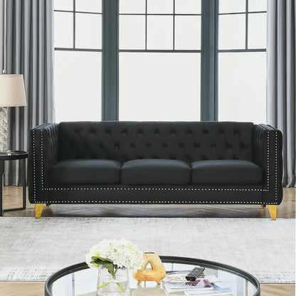 Modern Velvet Sofa Couch Upholstered Button and Metal Legs