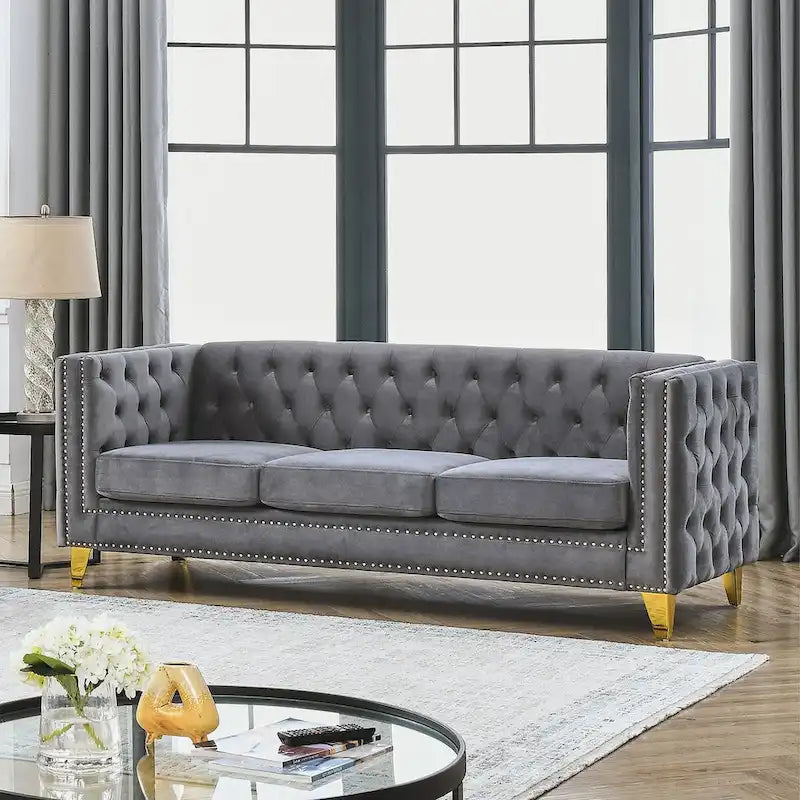 Modern Velvet Sofa Couch Upholstered Button and Metal Legs