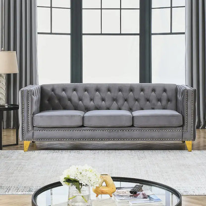 Modern Velvet Sofa Couch Upholstered Button and Metal Legs