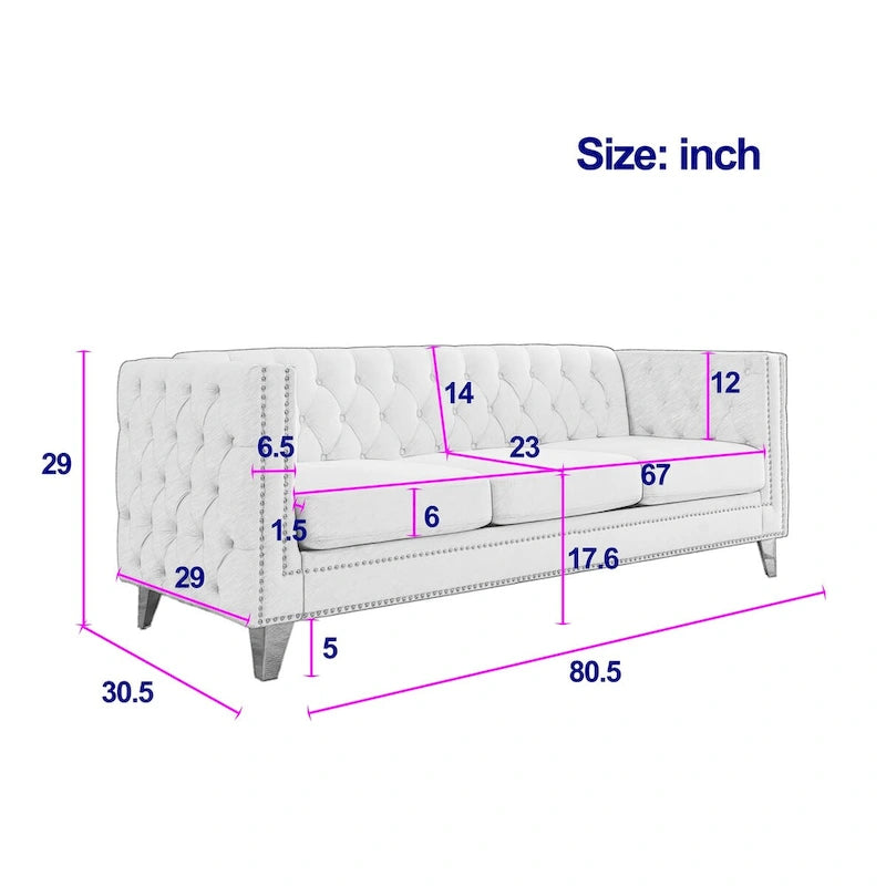 Modern Velvet Sofa Couch Upholstered Button and Metal Legs