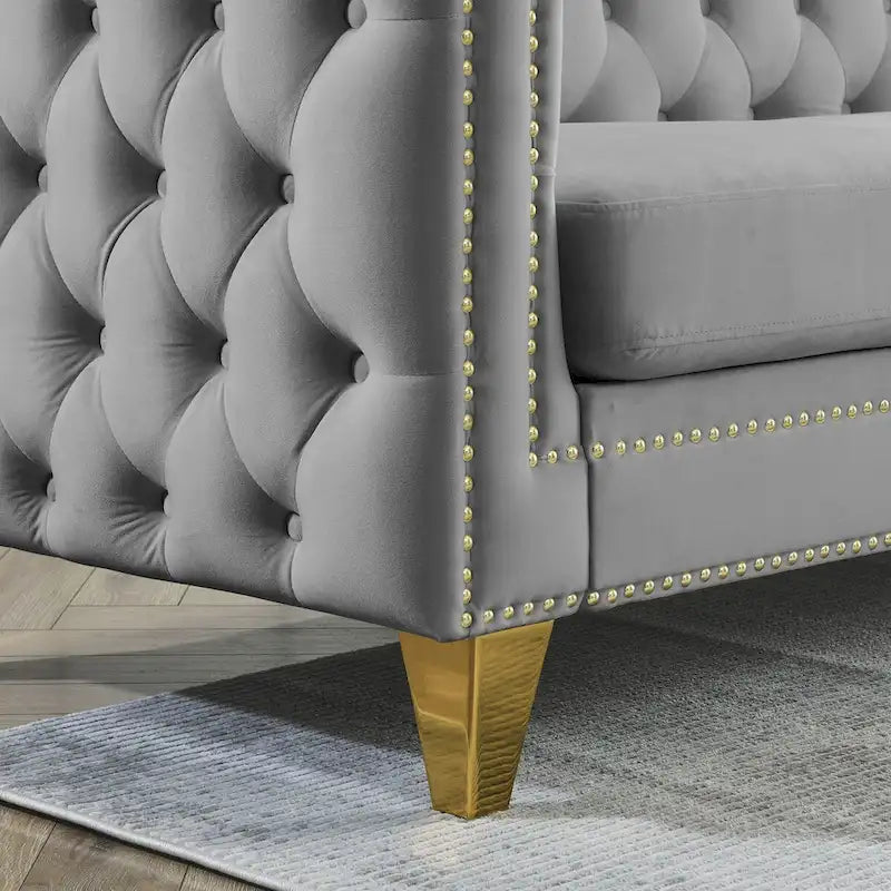 Modern Velvet Sofa Couch Upholstered Button and Metal Legs