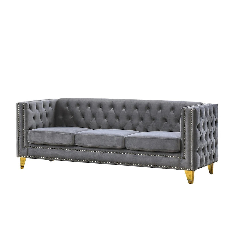 Modern Velvet Sofa Couch Upholstered Button and Metal Legs