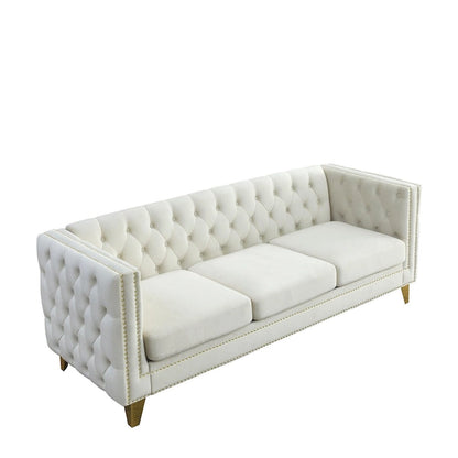 Modern Velvet Sofa Couch Upholstered Button and Metal Legs