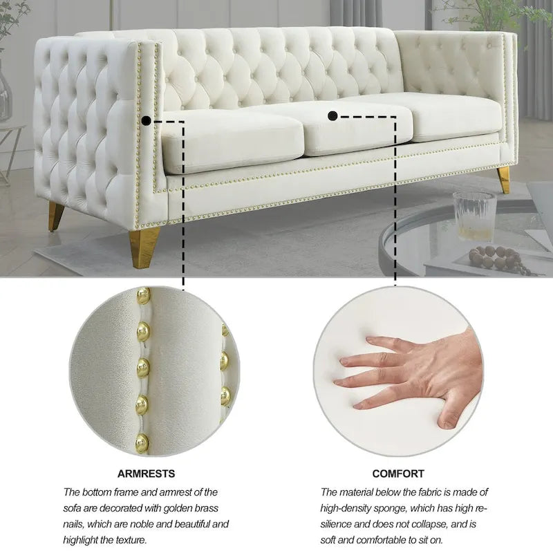 Modern Velvet Sofa Couch Upholstered Button and Metal Legs