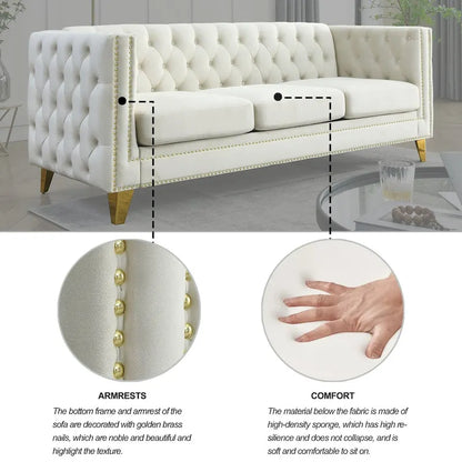 Modern Velvet Sofa Couch Upholstered Button and Metal Legs