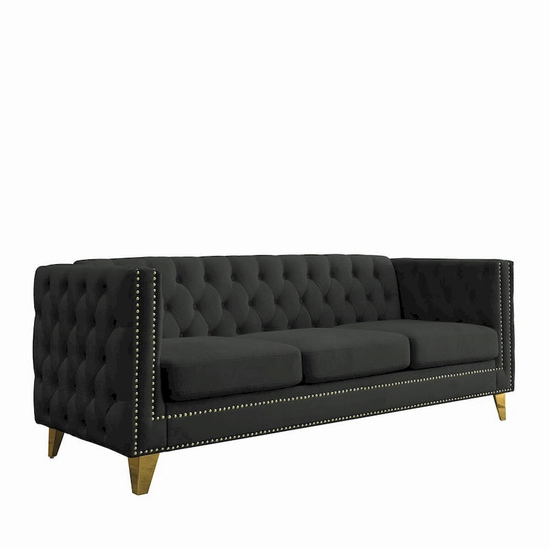 Modern Velvet Sofa Couch Upholstered Button and Metal Legs