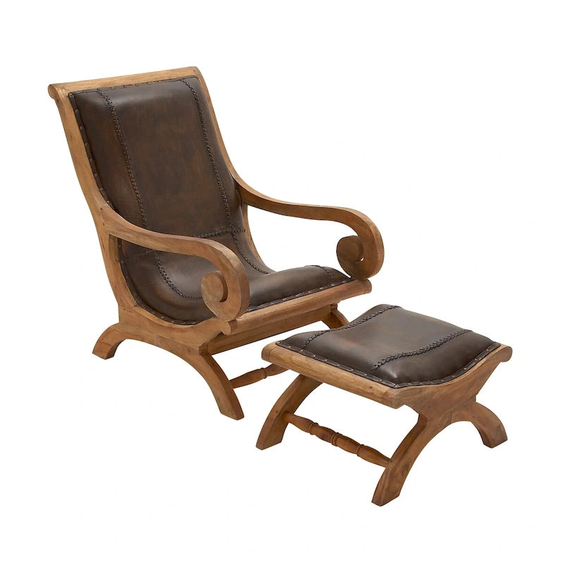 Teak Wood Handmade Upholstered Leather Accent Chair with Ottoman - Brown or Black - Roche River Decor