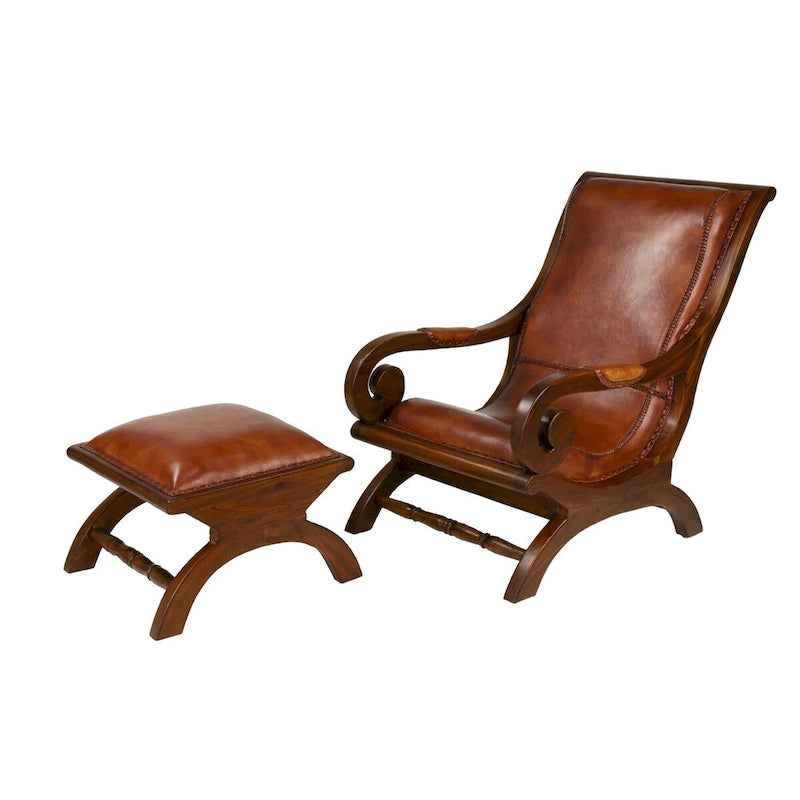 Teak Wood Handmade Upholstered Leather Accent Chair with Ottoman - Brown or Black - Roche River Decor