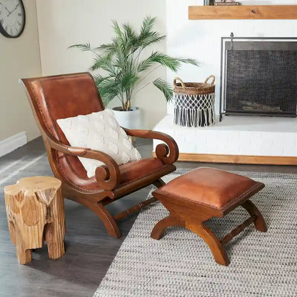 Teak Wood Handmade Upholstered Leather Accent Chair with Ottoman - Brown or Black - Roche River Decor