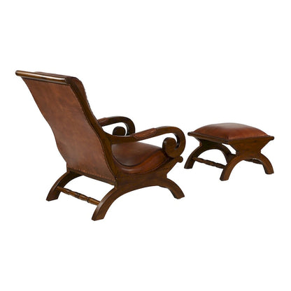 Teak Wood Handmade Upholstered Leather Accent Chair with Ottoman - Brown or Black - Roche River Decor