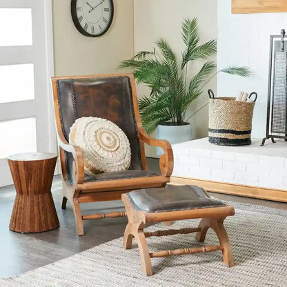 Teak Wood Handmade Upholstered Leather Accent Chair with Ottoman - Brown or Black - Roche River Decor