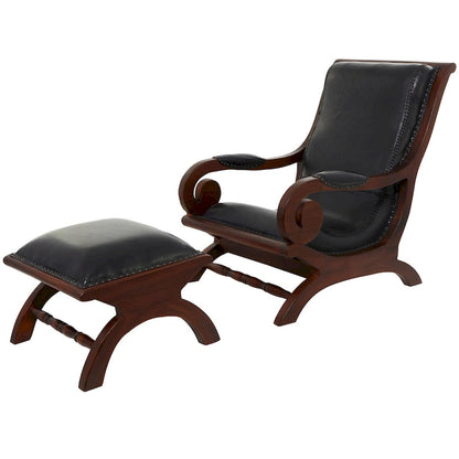 Teak Wood Handmade Upholstered Leather Accent Chair with Ottoman - Brown or Black - Roche River Decor