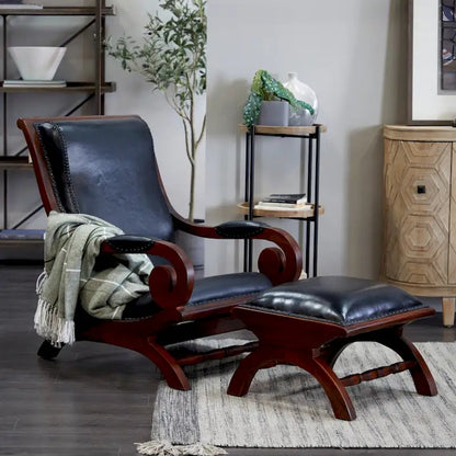 Teak Wood Handmade Upholstered Leather Accent Chair with Ottoman - Brown or Black - Roche River Decor