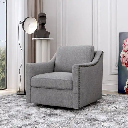 360 Degree Swivel Armchair Cotton linen fabric Ergonomic design Brass nail decorative armchair Living room chairs Black legs