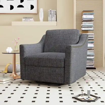 360 Degree Swivel Armchair Cotton linen fabric Ergonomic design Brass nail decorative armchair Living room chairs Black legs