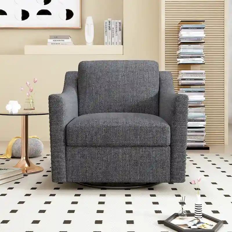 360 Degree Swivel Armchair Cotton linen fabric Ergonomic design Brass nail decorative armchair Living room chairs Black legs