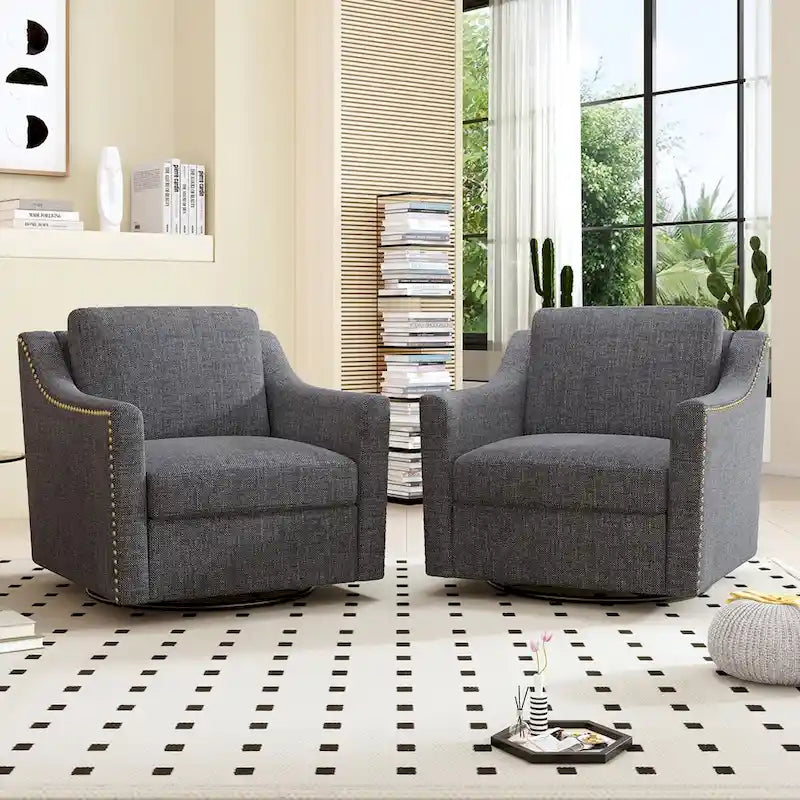 360 Degree Swivel Armchair Cotton linen fabric Ergonomic design Brass nail decorative armchair Living room chairs Black legs