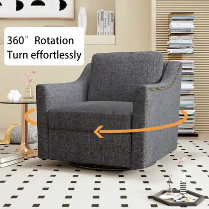 360 Degree Swivel Armchair Cotton linen fabric Ergonomic design Brass nail decorative armchair Living room chairs Black legs