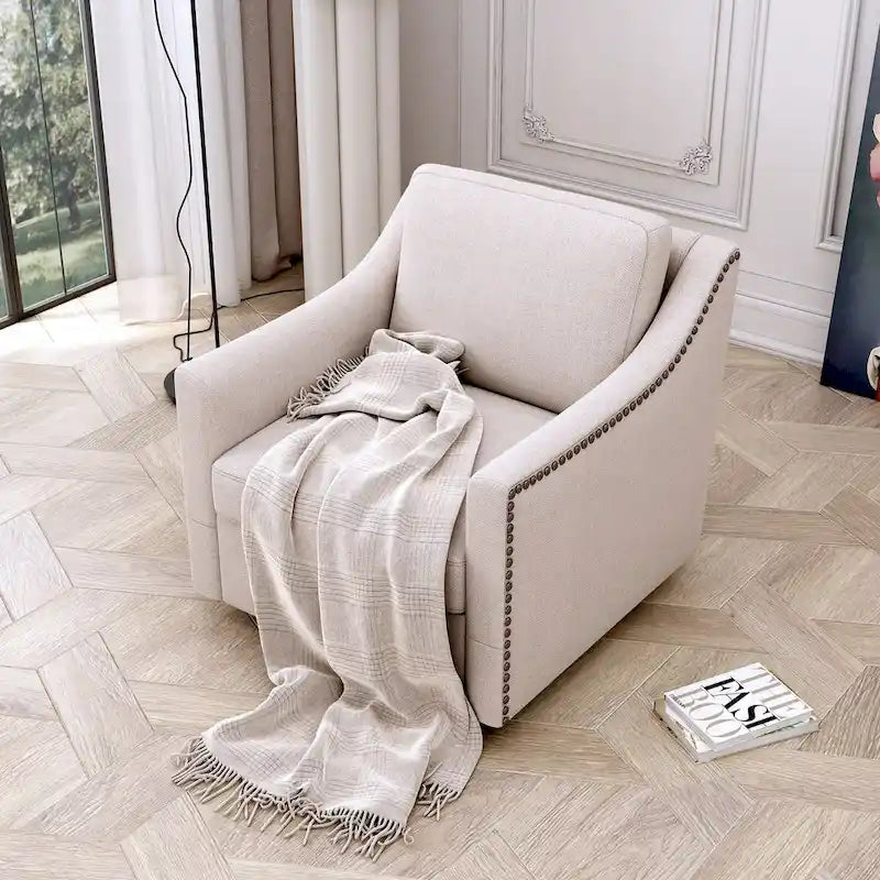 360 Degree Swivel Armchair Cotton linen fabric Ergonomic design Brass nail decorative armchair Living room chairs Black legs
