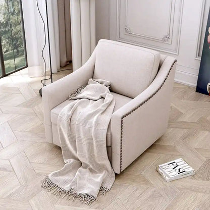 360 Degree Swivel Armchair Cotton linen fabric Ergonomic design Brass nail decorative armchair Living room chairs Black legs