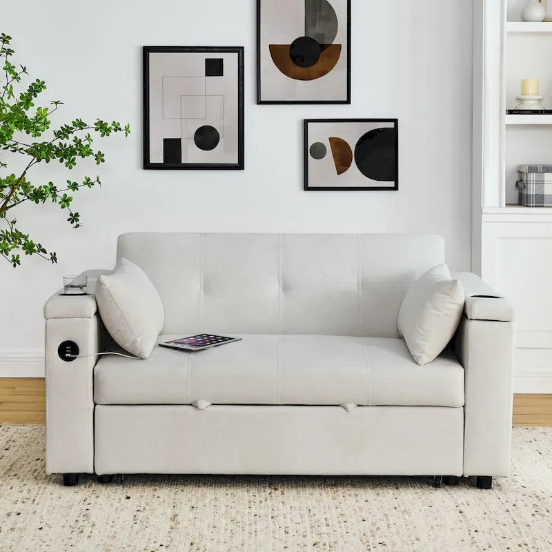2-Seat Sleeper Sofa Bed with USB Power Outlet, Side Pockets and Lumbar Pillow