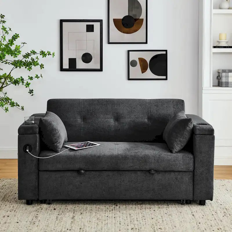 2-Seat Sleeper Sofa Bed with USB Power Outlet, Side Pockets and Lumbar Pillow