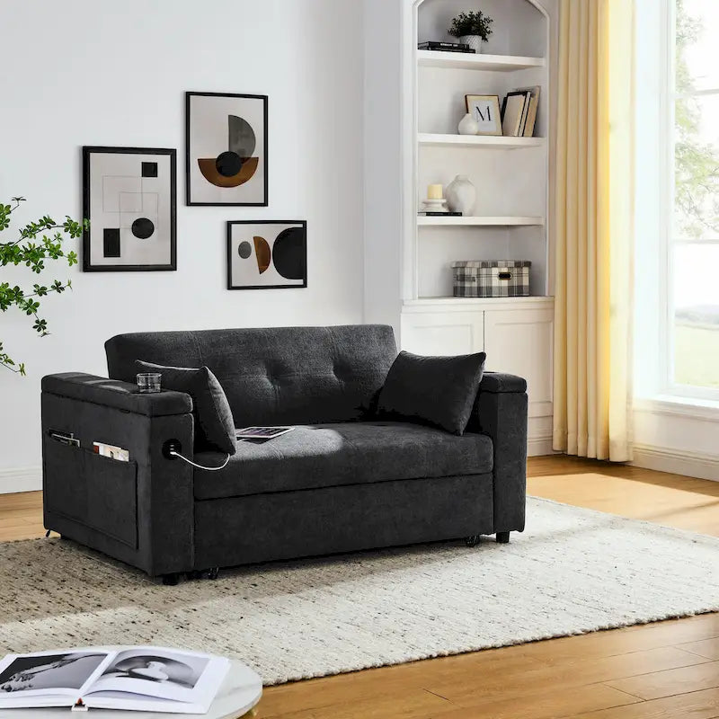 2-Seat Sleeper Sofa Bed with USB Power Outlet, Side Pockets and Lumbar Pillow