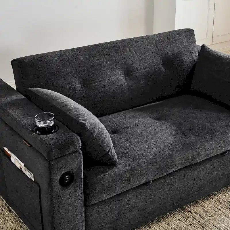 2-Seat Sleeper Sofa Bed with USB Power Outlet, Side Pockets and Lumbar Pillow