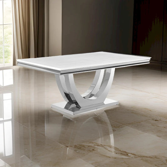 71 Inch Dining Table, Rectangular White Faux Marble Top, Pedestal Base