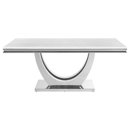 71 Inch Dining Table, Rectangular White Faux Marble Top, Pedestal Base