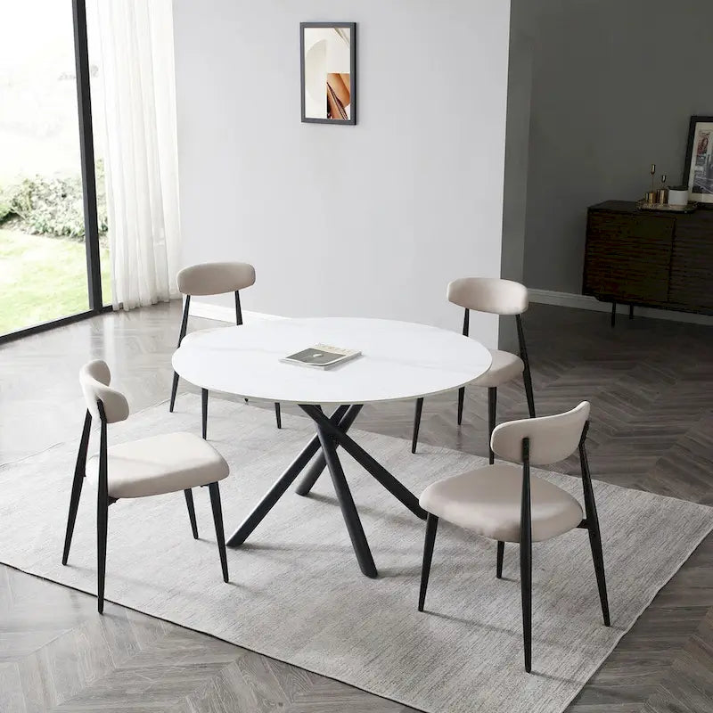 Modern Glam Marble Round Dining Table with Metal Cross Legs