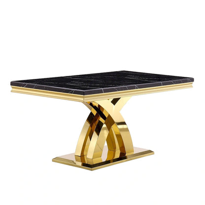 Black and Gold Dining Room Table with 65-inch top and Gold Polished Stainless Steel Metal Double X Base