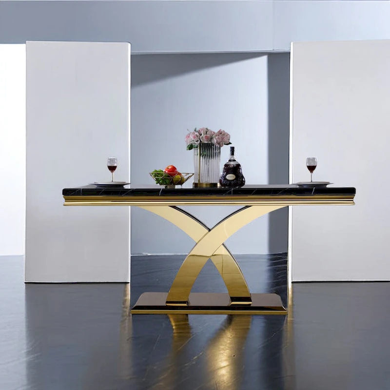 Black and Gold Dining Room Table with 65-inch top and Gold Polished Stainless Steel Metal Double X Base